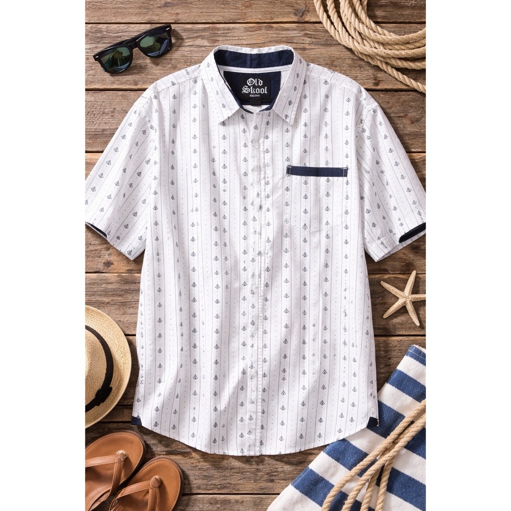 Old Skool Button Down Shirt Mens 5XL White Anchor Nautical Print Excellent Short